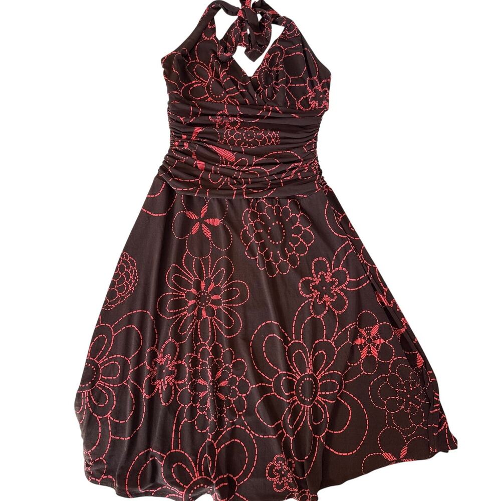 Vintage 90s Y2K London Times Brown Pink Floral Ruched Midi Dress – Size 4